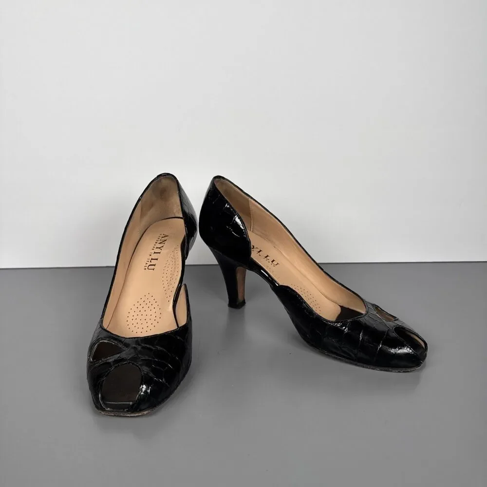 Anyi Lu Handmade In Italy Patent Leather Snakeskin Black Peep Toe Heels Sz 37.5‎